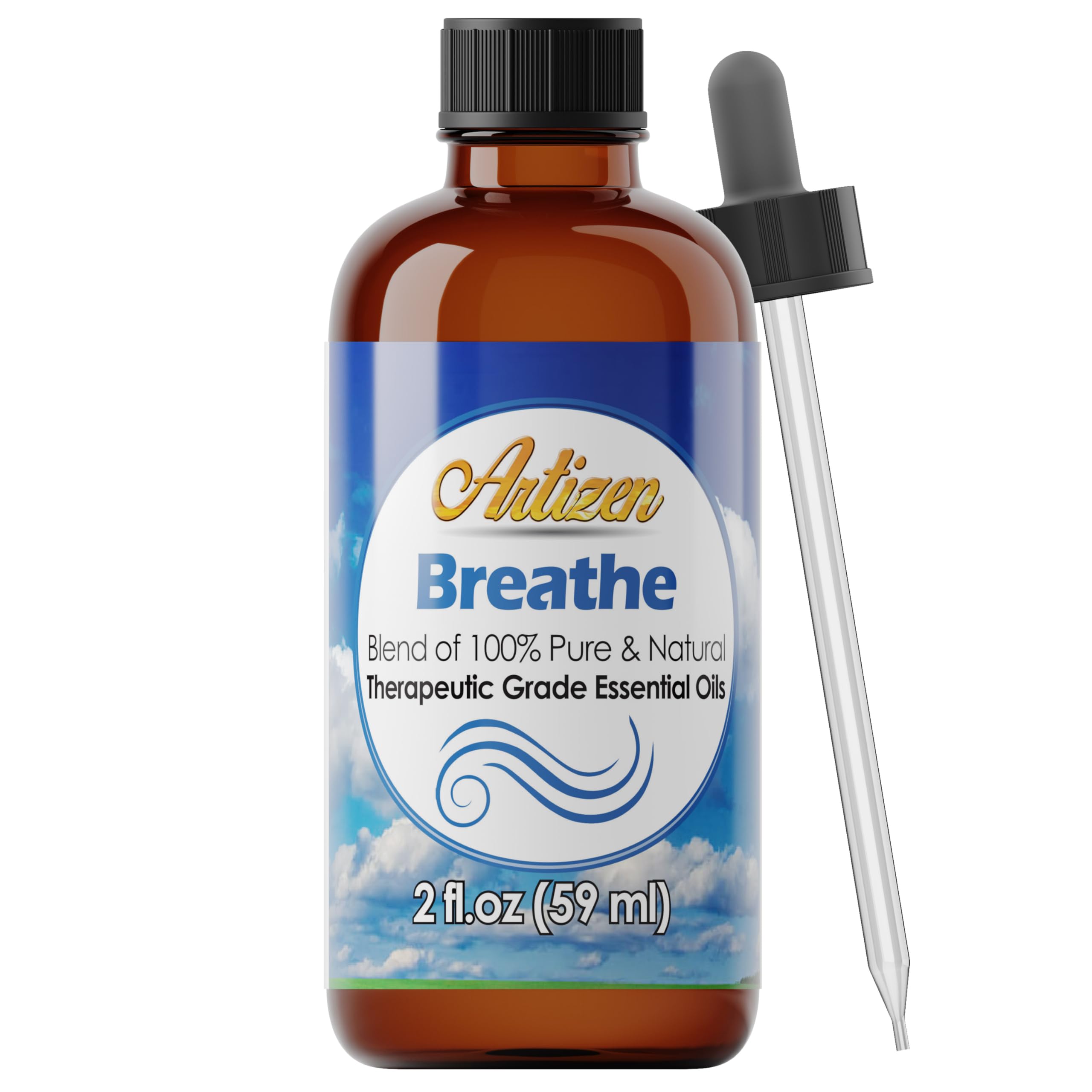 Artizen Breathe Blend essential oil bottle with UV-protected glass
