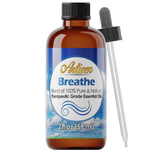 Artizen Breathe Blend essential oil bottle with UV-protected glass