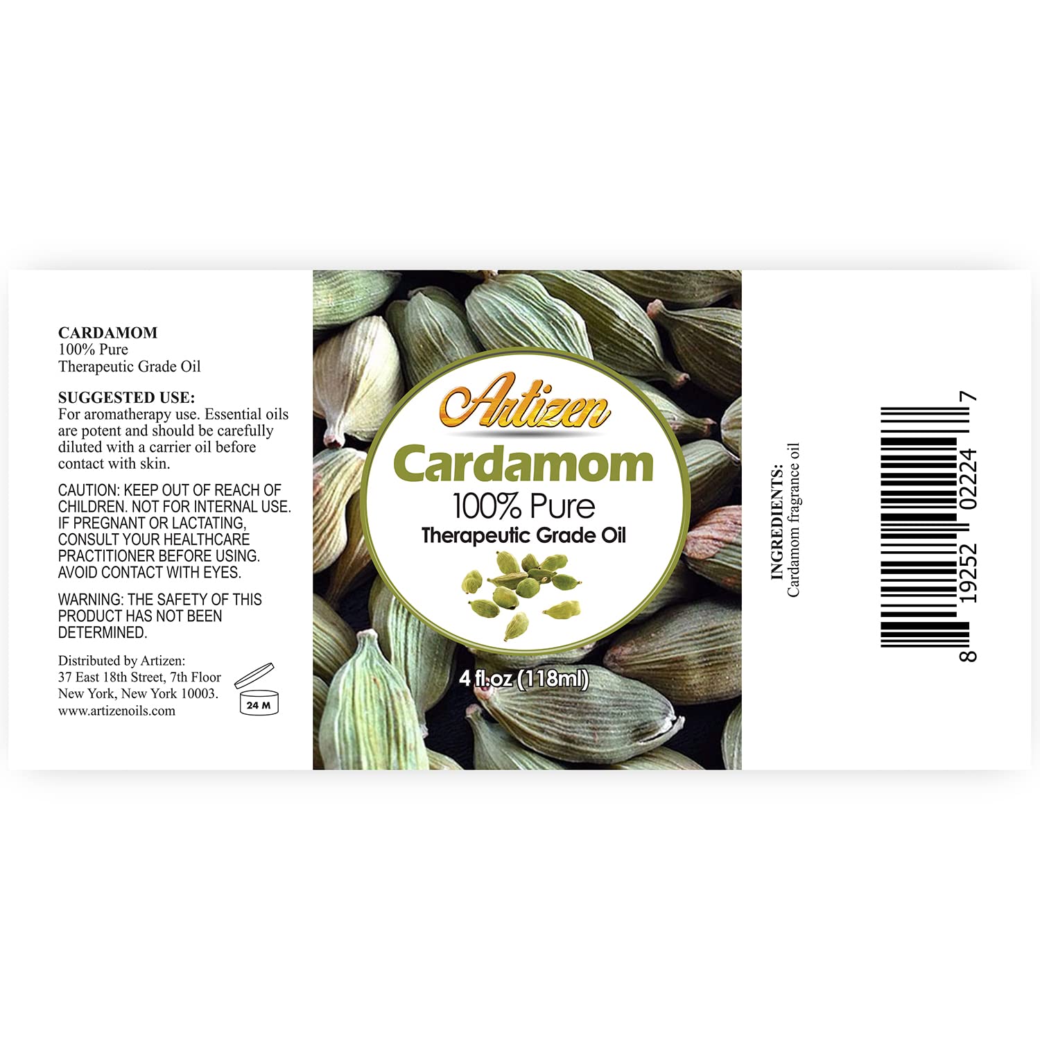Close-up of Artizen Cardamom Essential Oil 4oz bottle