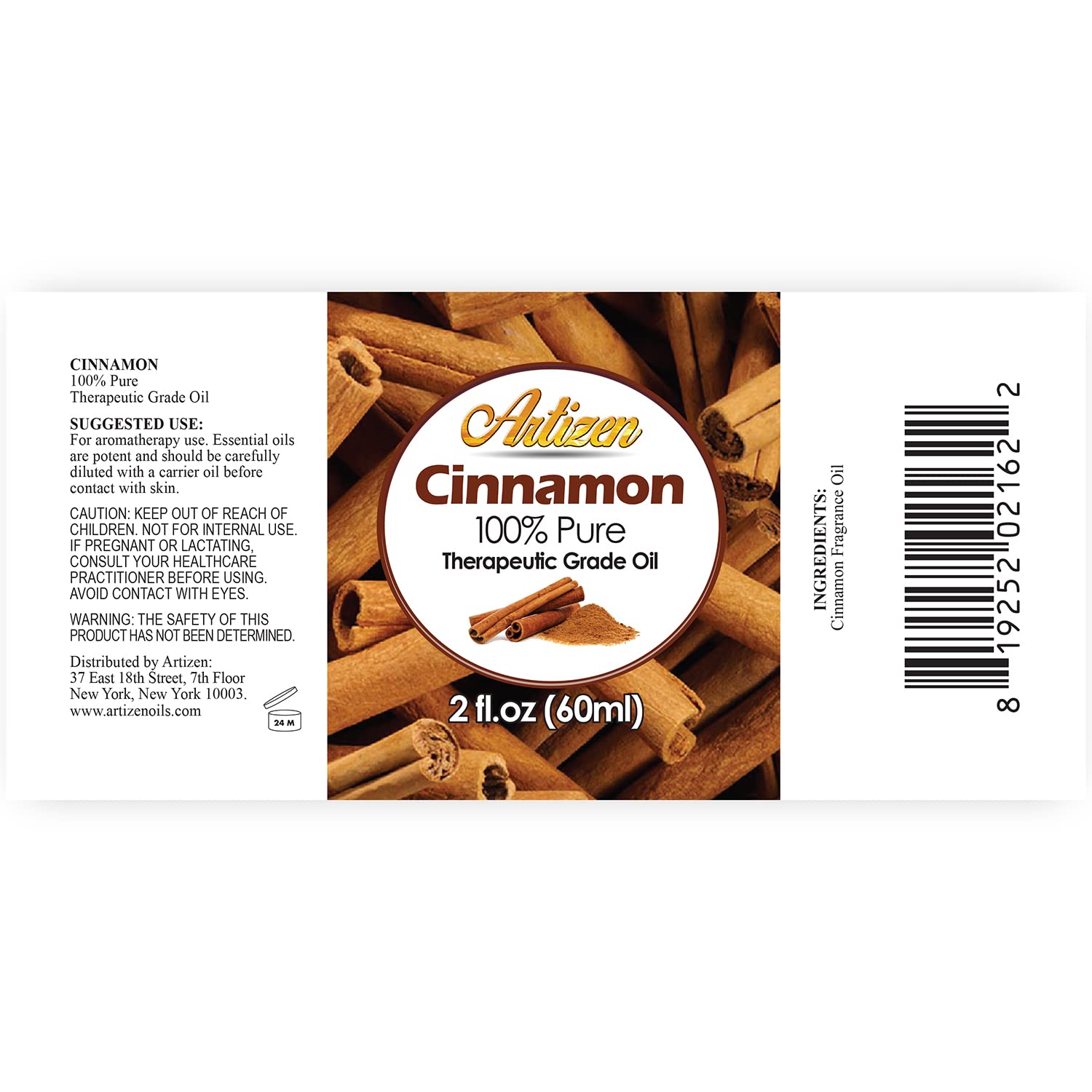 Close-up of Artizen Cinnamon Essential Oil in an amber glass bottle with eyedropper