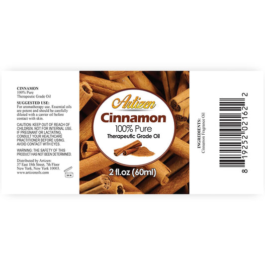 Close-up of Artizen Cinnamon Essential Oil in an amber glass bottle with eyedropper