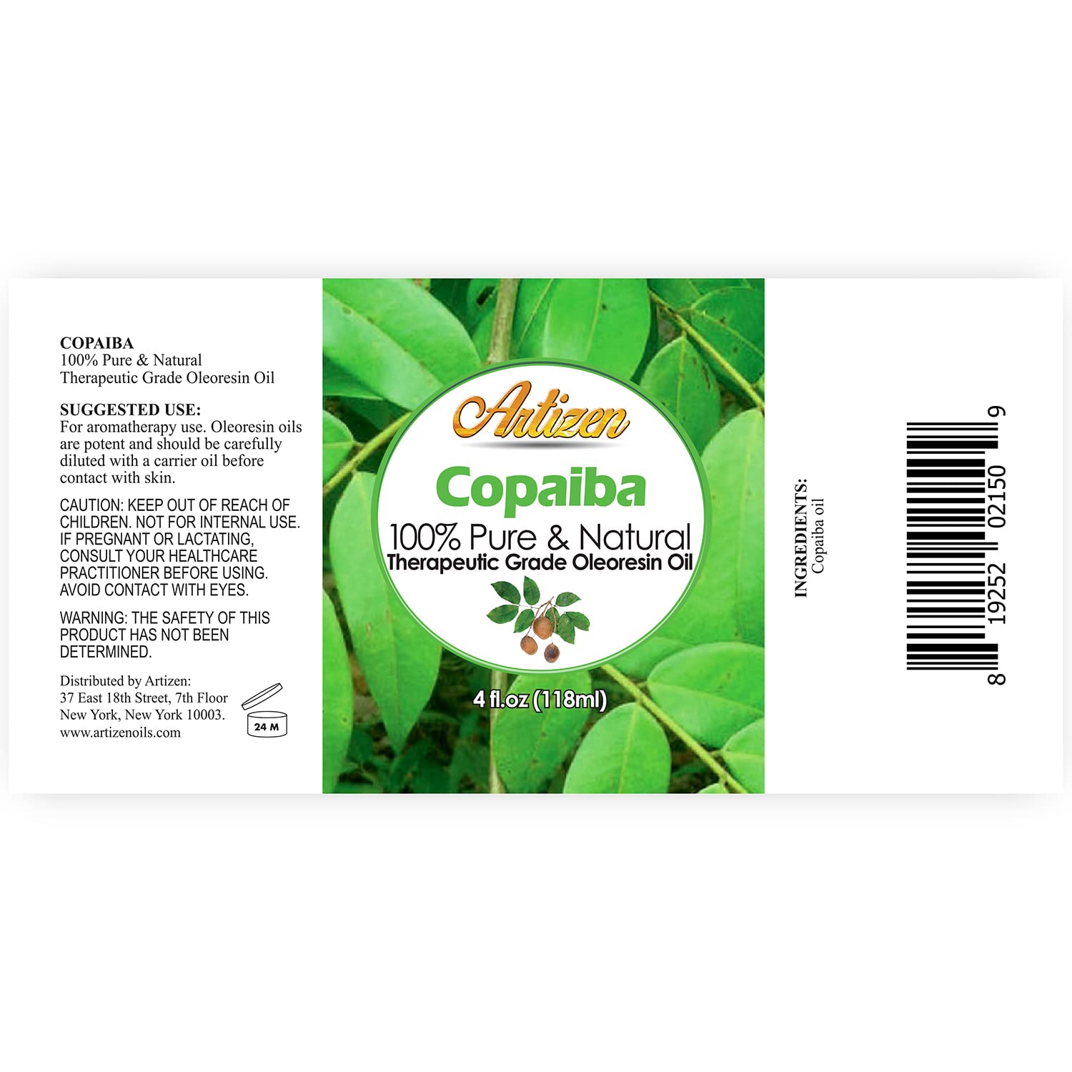 Side view of Artizen Copaiba essential oil bottle