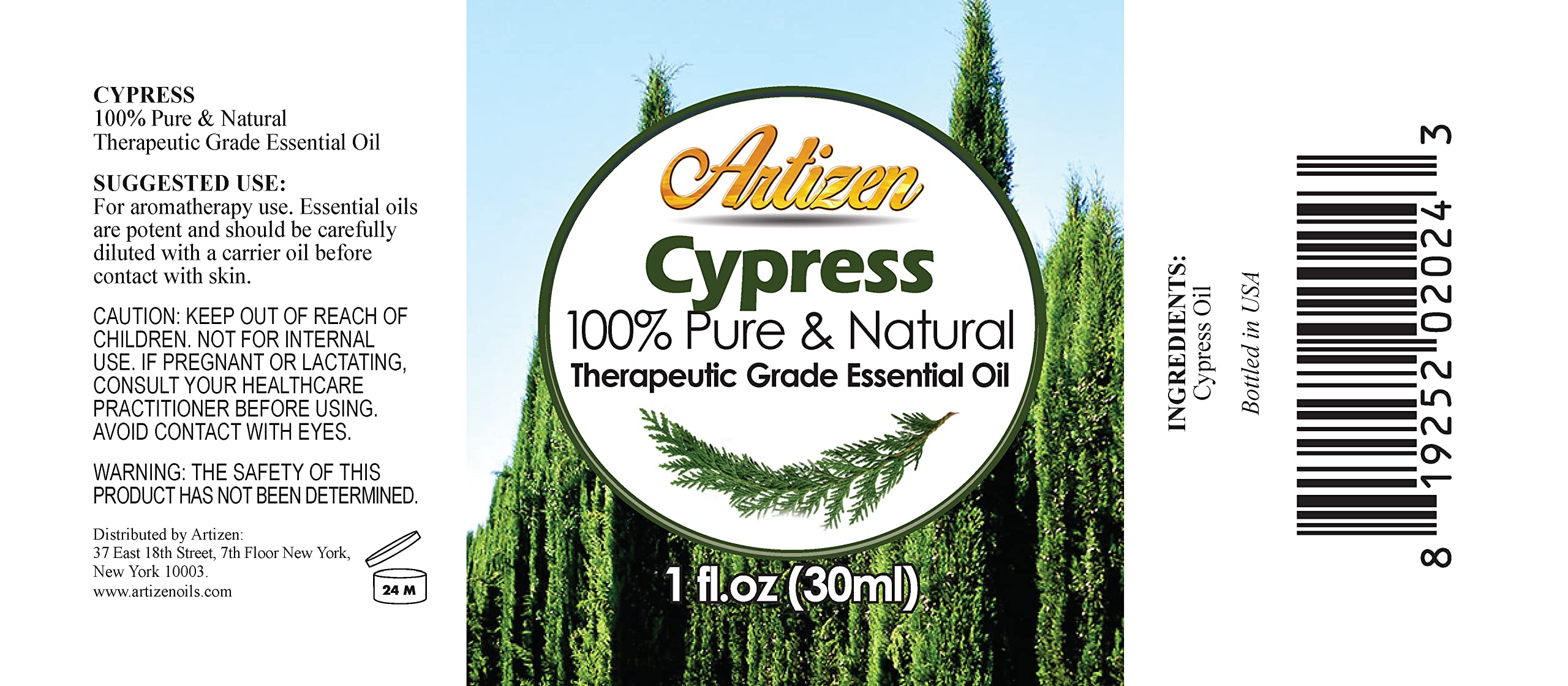 Artizen Cypress Essential Oil 1oz bottle label