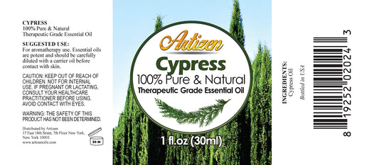Artizen Cypress Essential Oil 1oz bottle label