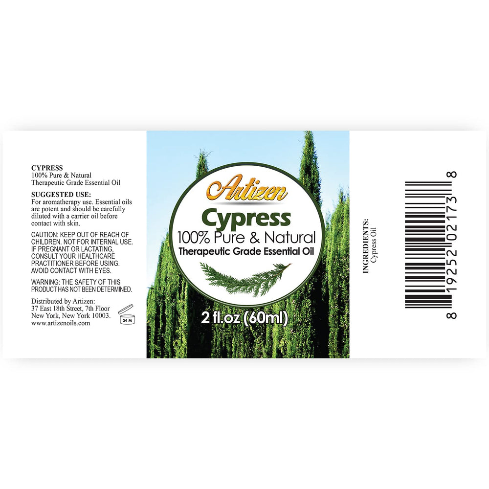 Close-up of Cypress essential oil bottle with dropper