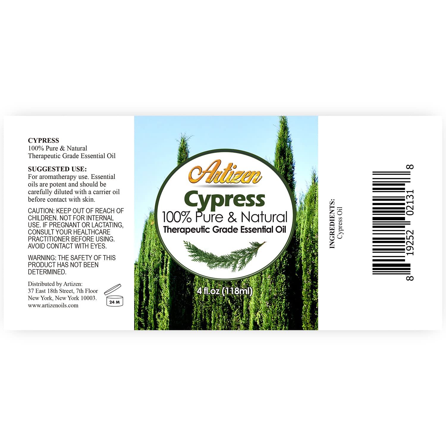 Close-up of Artizen Cypress essential oil bottle
