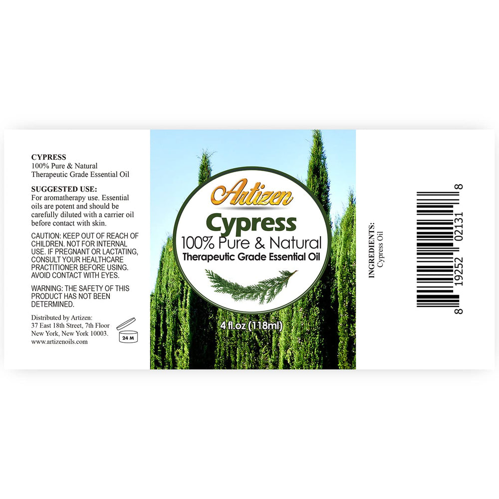 Close-up of Artizen Cypress essential oil bottle