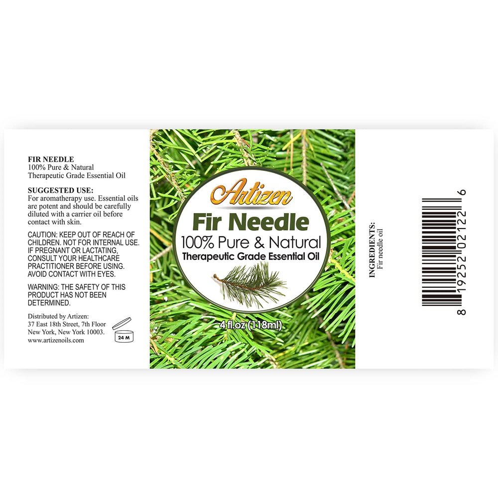 Close-up of Artizen Fir Needle Essential Oil bottle with label