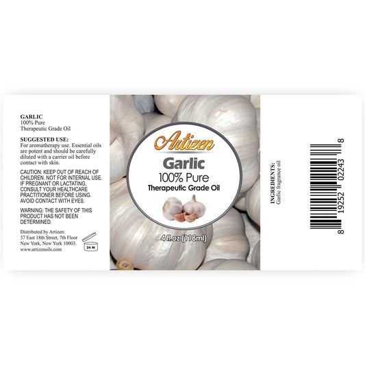 Close-up of Artizen Garlic Essential Oil bottle label