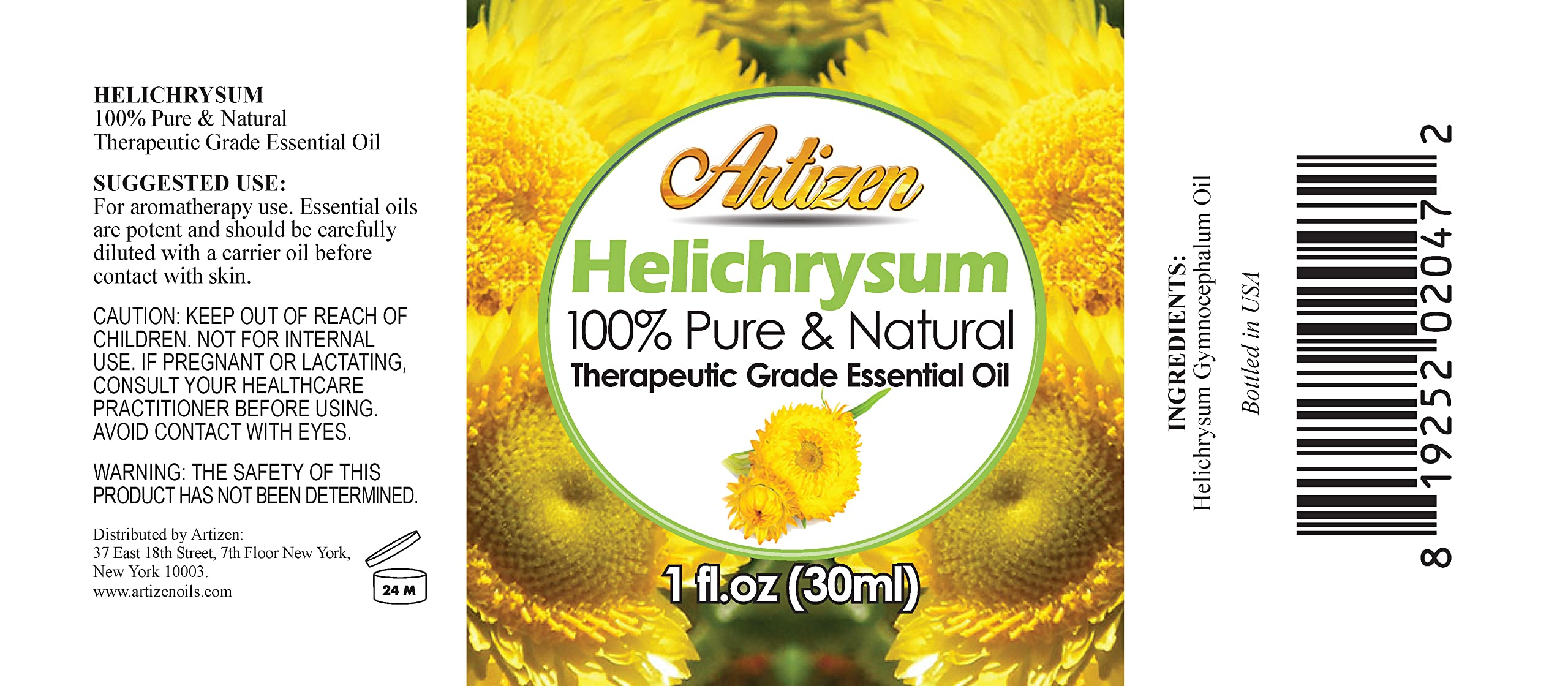 UV-coated glass bottle packaging for Helichrysum oil
