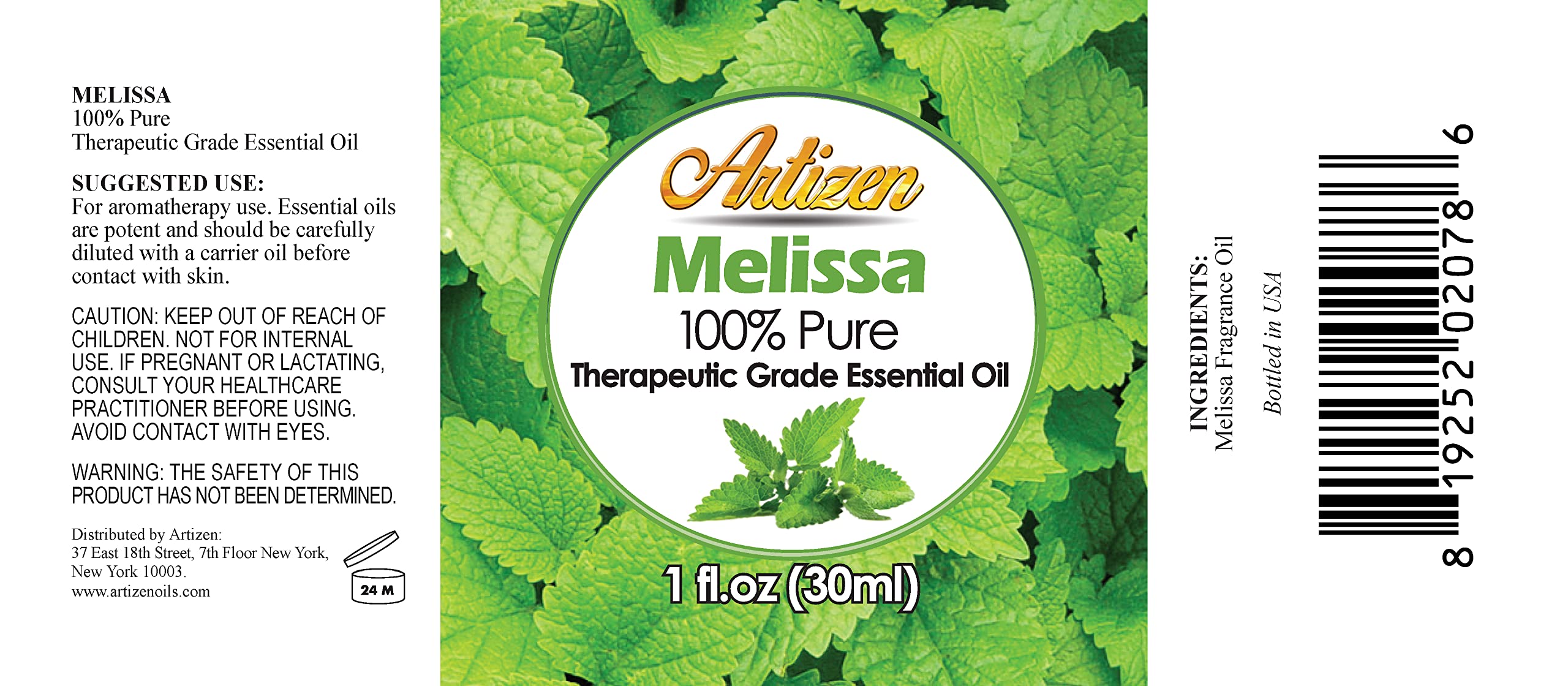 Close-up of Artizen Melissa oil bottle (1oz size)