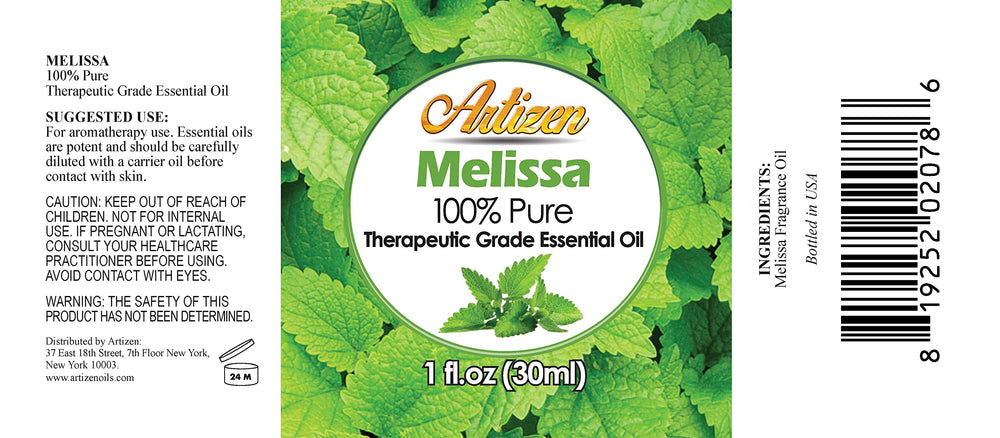 Close-up of Artizen Melissa oil bottle (1oz size)