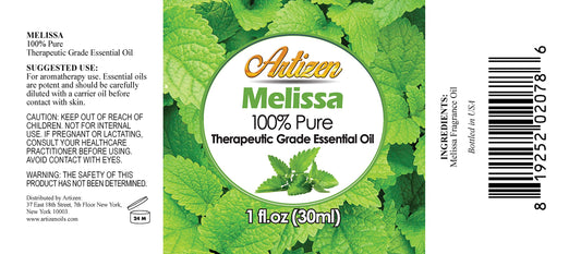 Close-up of Artizen Melissa oil bottle (1oz size)