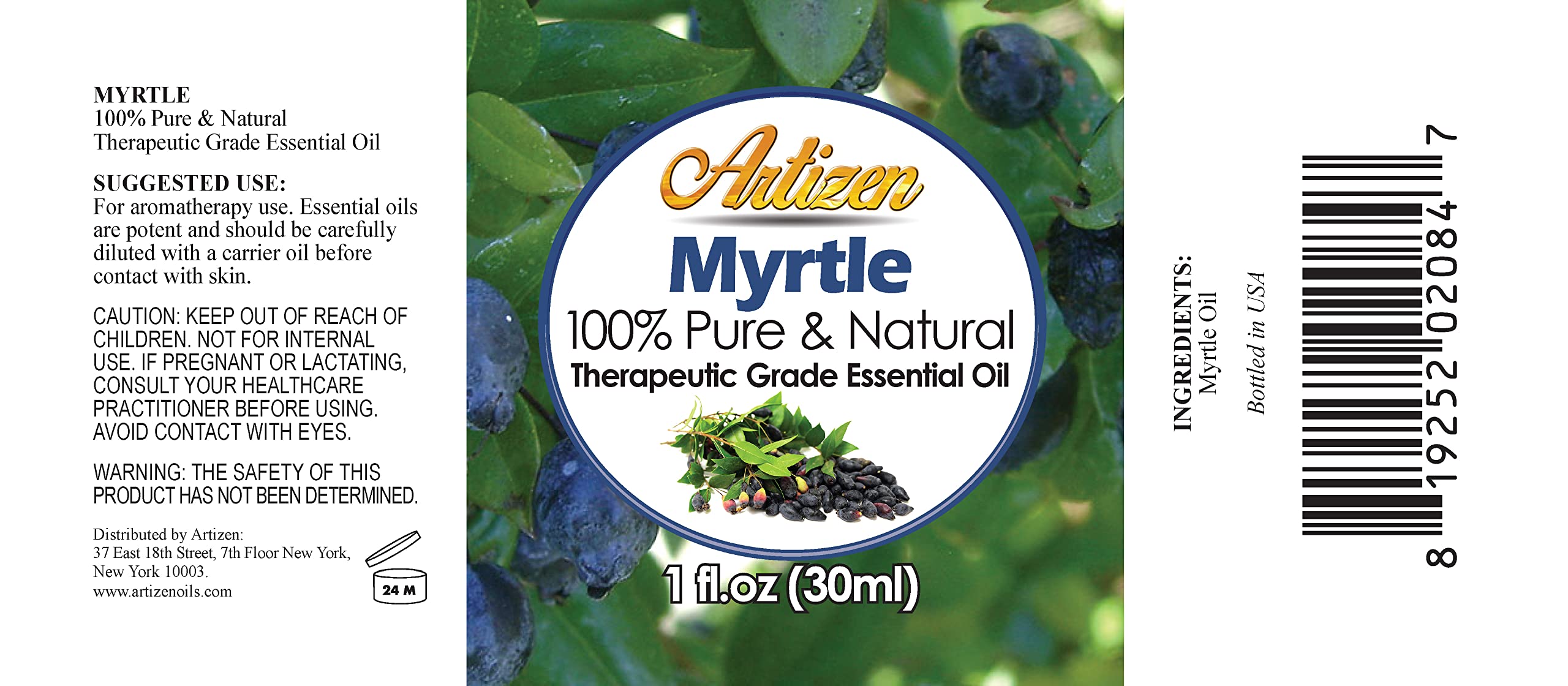 Close-up of Myrtle essential oil in amber glass bottle