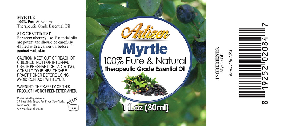 Close-up of Myrtle essential oil in amber glass bottle