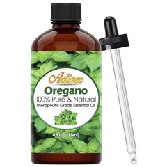 Close-up of Artizen oregano essential oil bottle in UV-protected glass with dropper