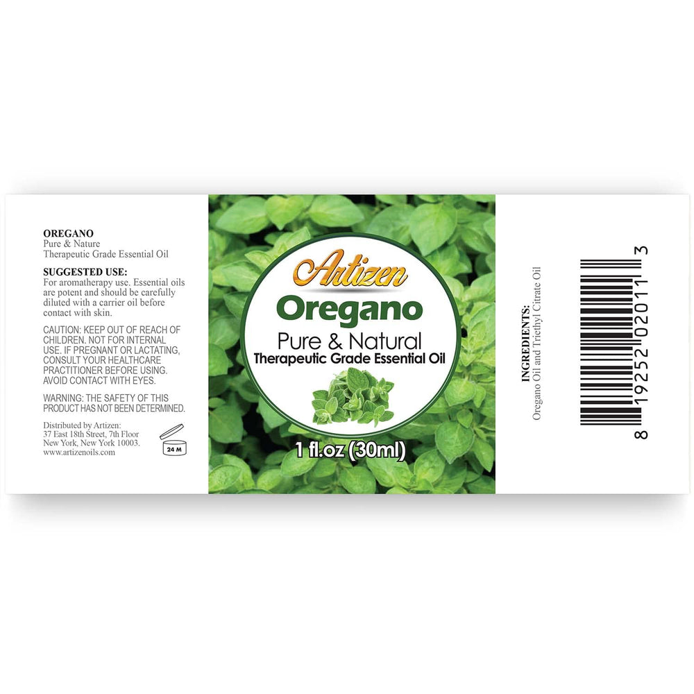 Close-up of Artizen oregano oil label