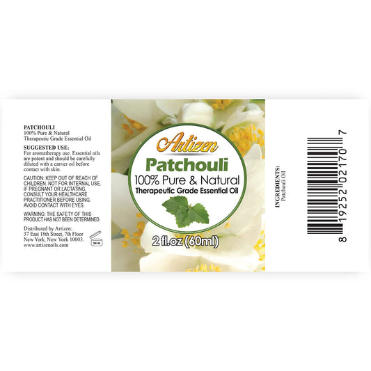 Close-up of Artizen Patchouli oil bottle label 2oz