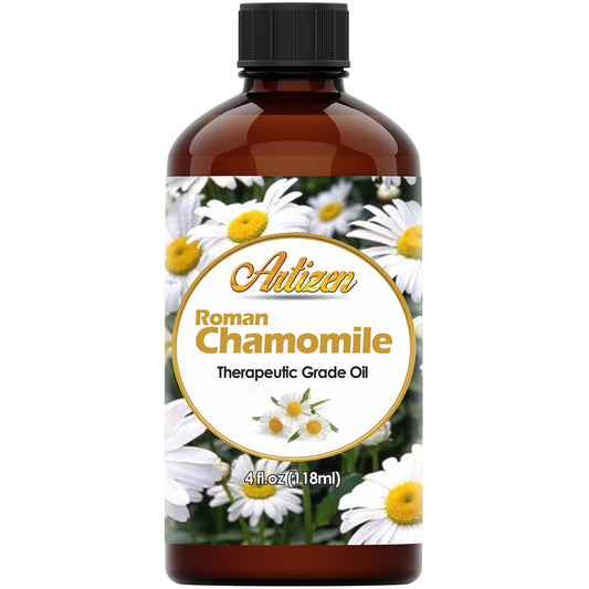Front view of Artizen Roman Chamomile Essential Oil 4oz bottle with dropper