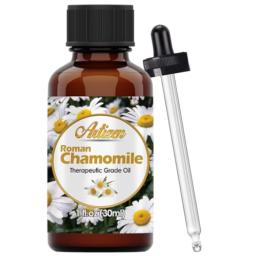 Artizen Roman Chamomile Essential Oil bottle in winter aromatherapy setting