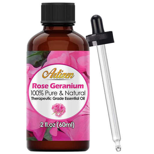 Artizen Rose Geranium essential oil 2oz bottle with dropper - front view