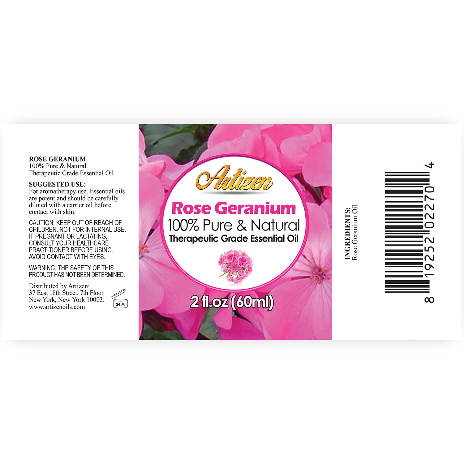 Artizen Rose Geranium essential oil bottle label close-up