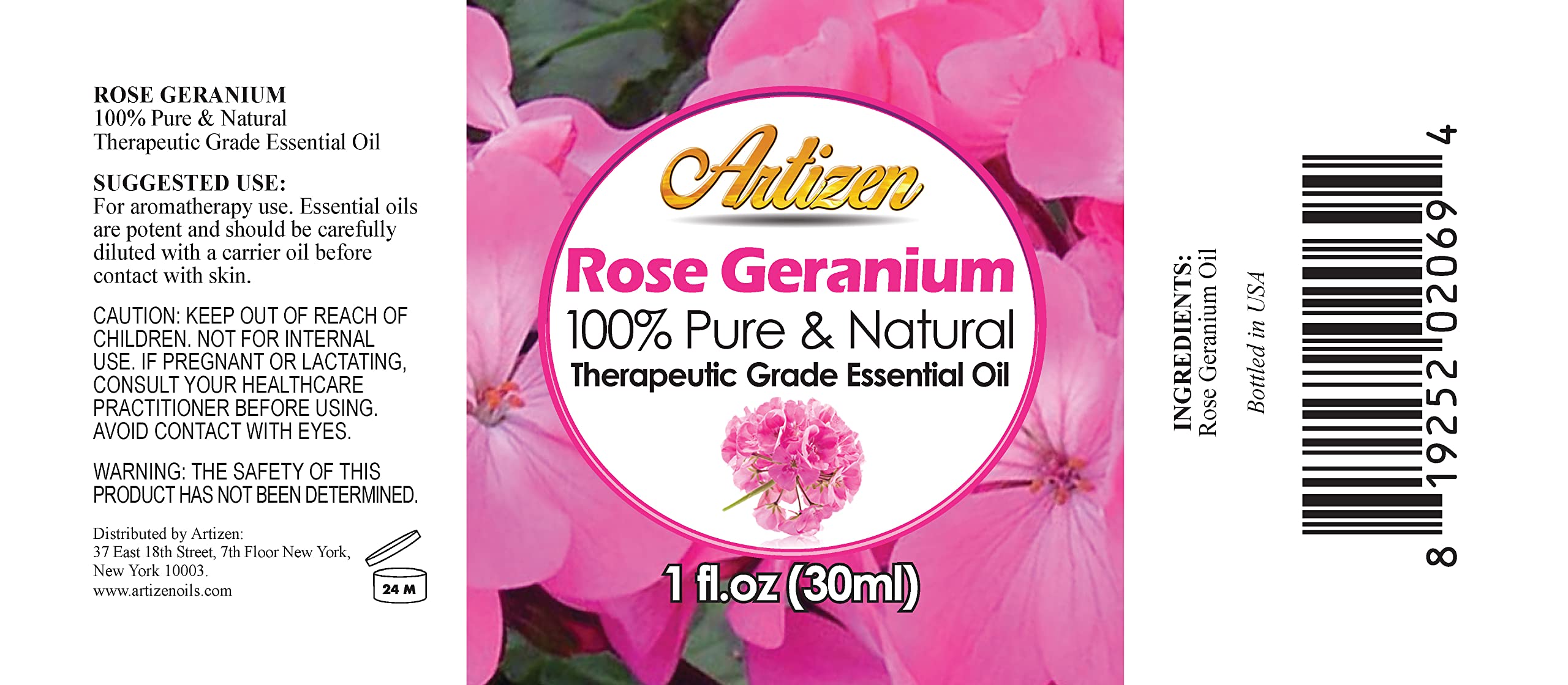 Artizen Rose Geranium essential oil bottle close-up