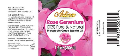 Artizen Rose Geranium essential oil bottle close-up