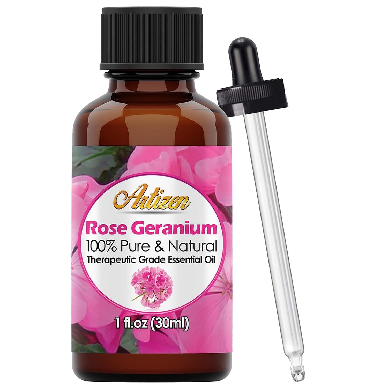 Artizen Rose Geranium essential oil bottle (30ml/1oz) front view