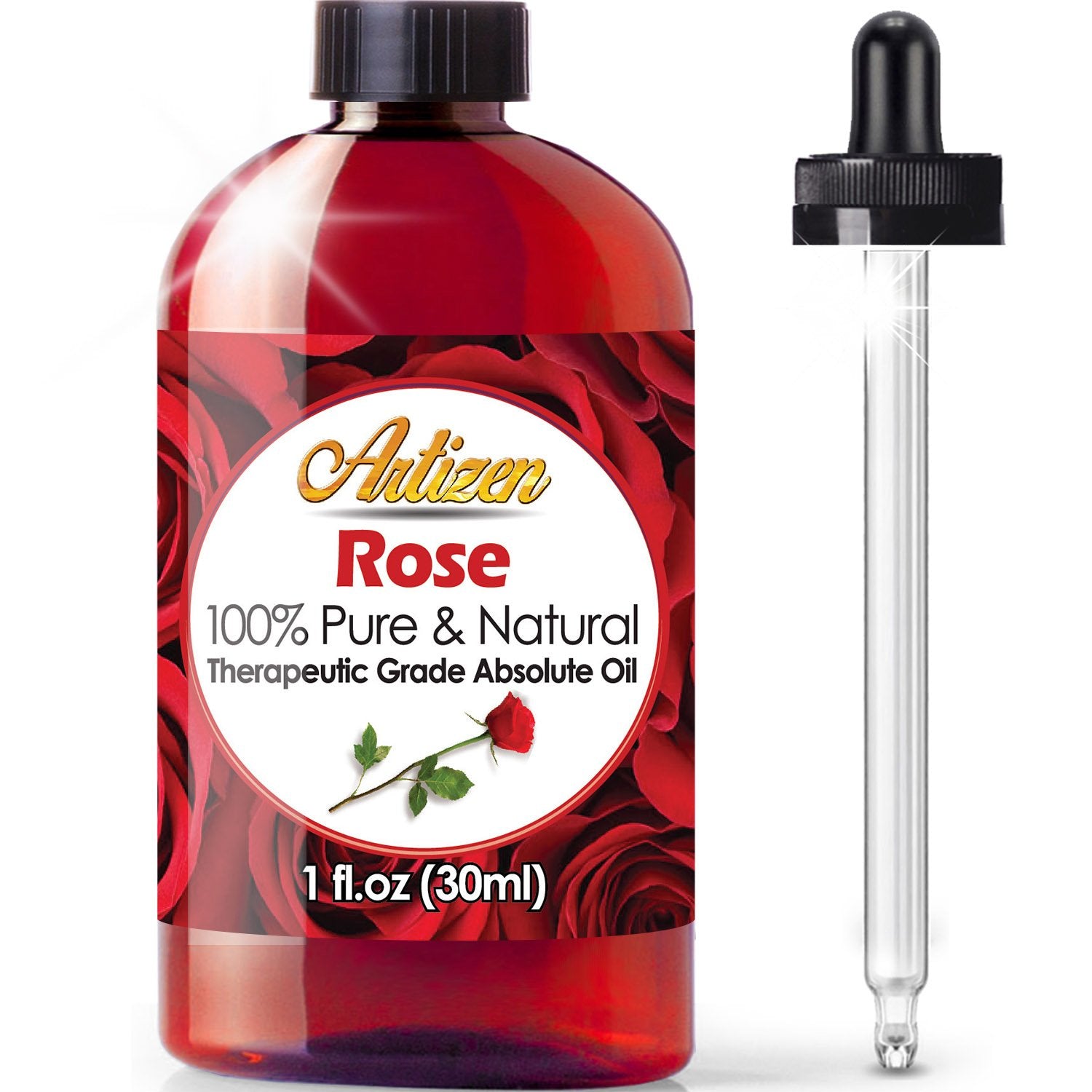 Artizen Rose Essential Oil 1oz bottle in UV-protected glass