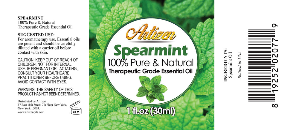 Close-up of Artizen Spearmint Essential Oil bottle 30ml
