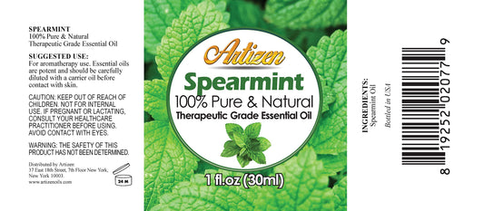 Close-up of Artizen Spearmint Essential Oil bottle 30ml