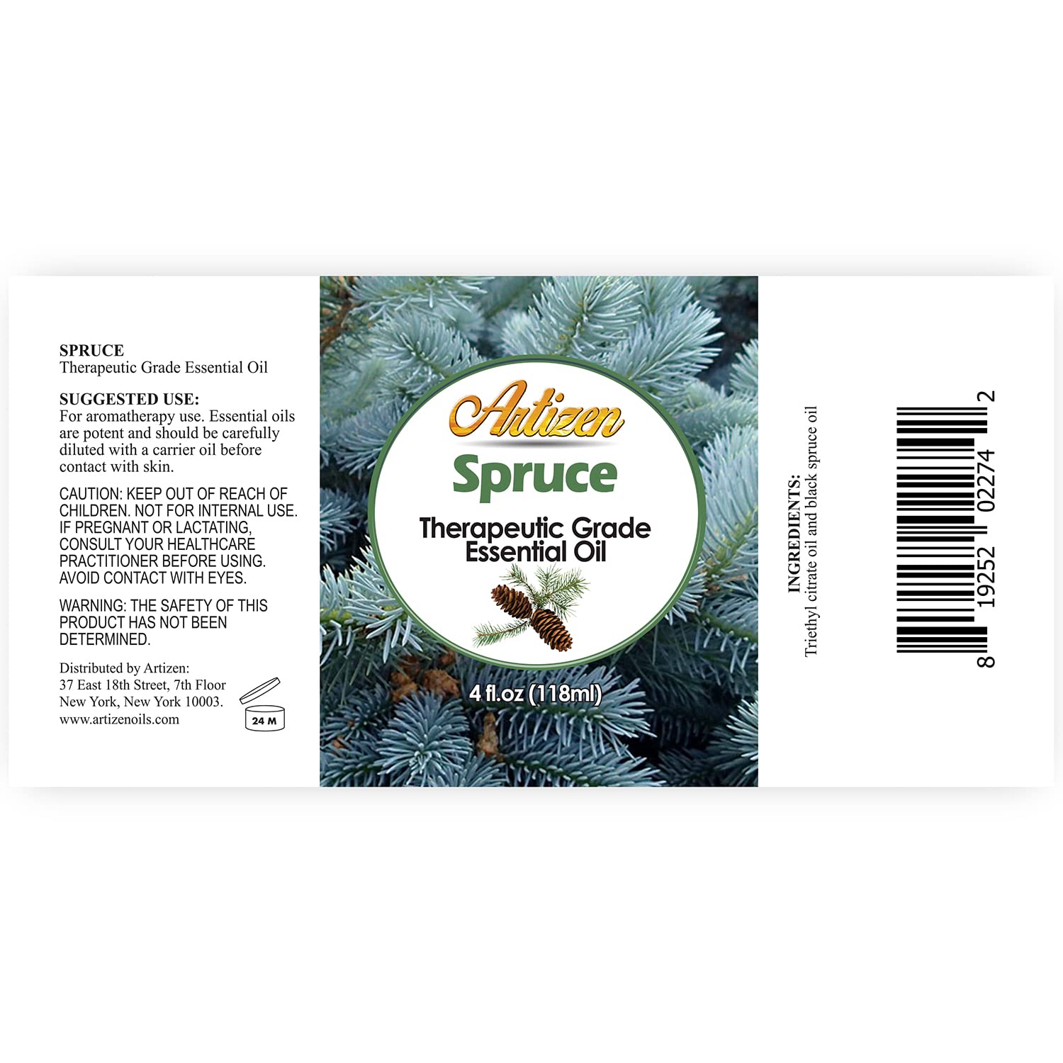 Close-up of Artizen Spruce Essential Oil label