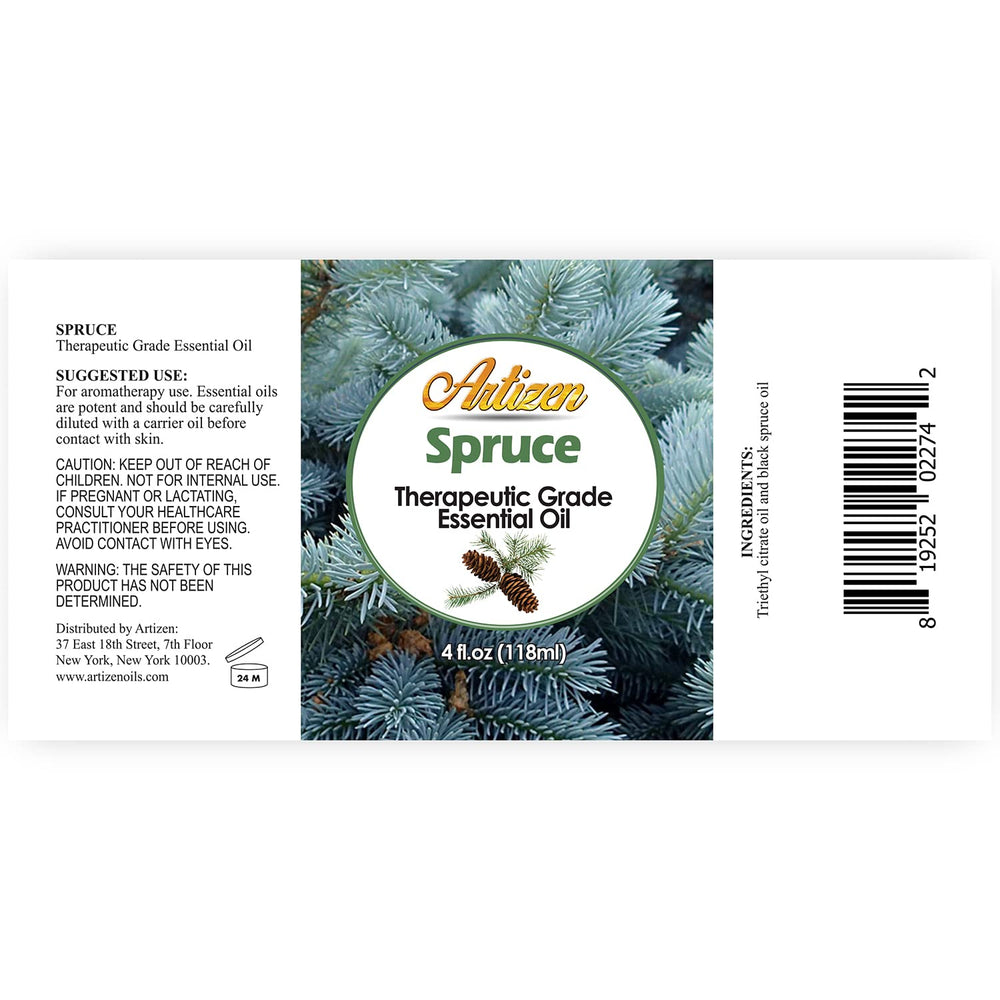 Close-up of Artizen Spruce Essential Oil label