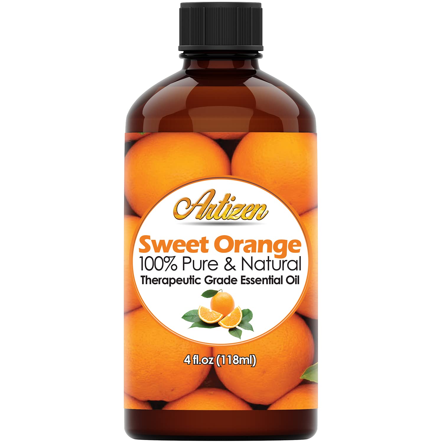 Artizen Sweet Orange Essential Oil 4oz glass bottle with UV protection