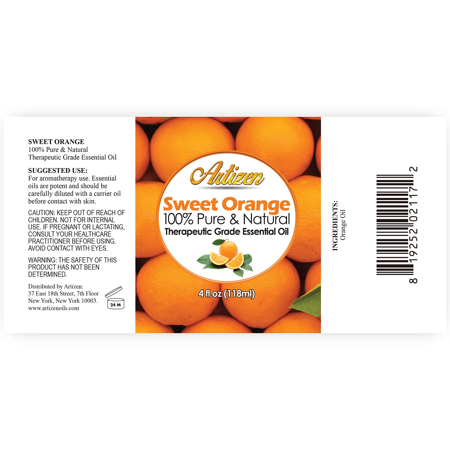 Artizen Sweet Orange Essential Oil 4oz label close-up