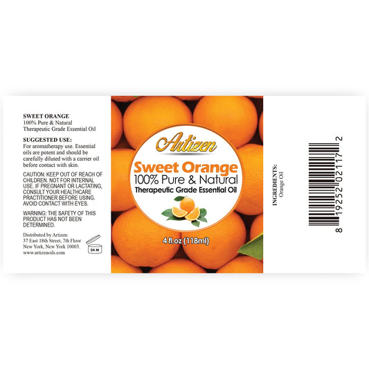 Artizen Sweet Orange Essential Oil 4oz label close-up