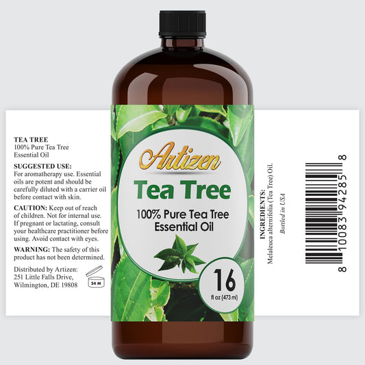 Amber glass bottle of Tea Tree essential oil with screw cap