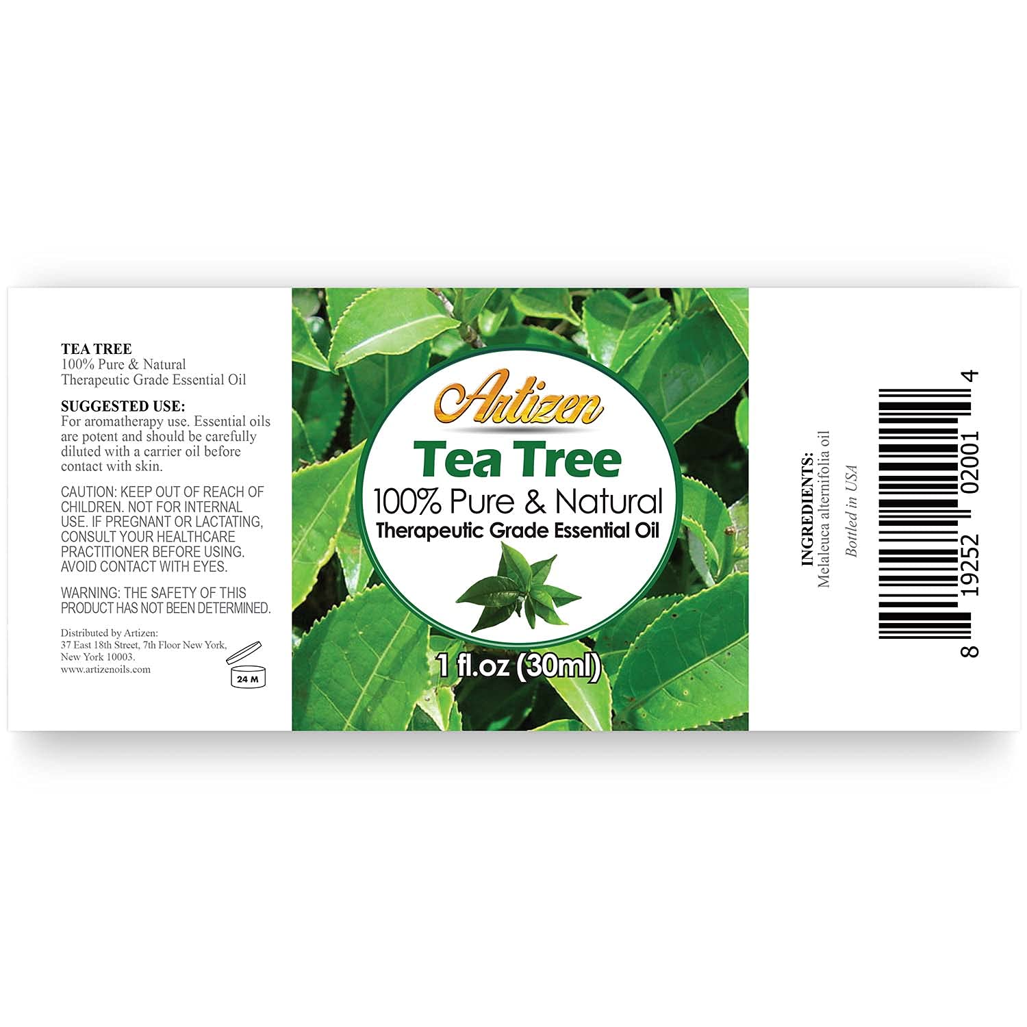 Close-up of Artizen Tea Tree essential oil bottle