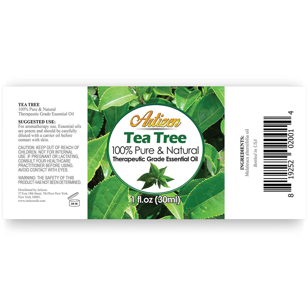 Close-up of Artizen Tea Tree essential oil bottle