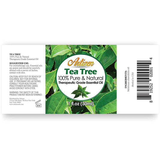 Close-up of Artizen Tea Tree essential oil bottle