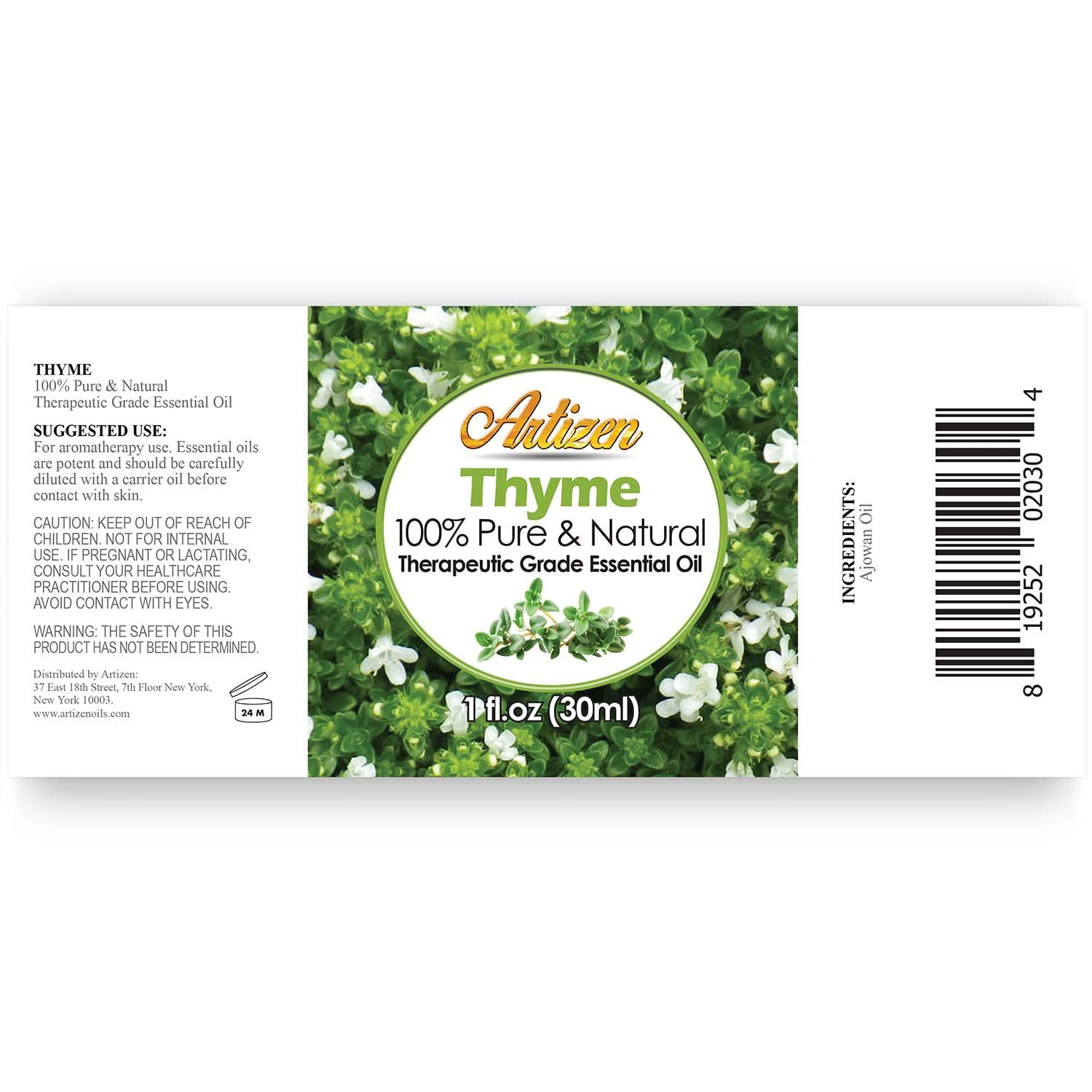 Artizen Thyme Essential Oil bottle label close-up