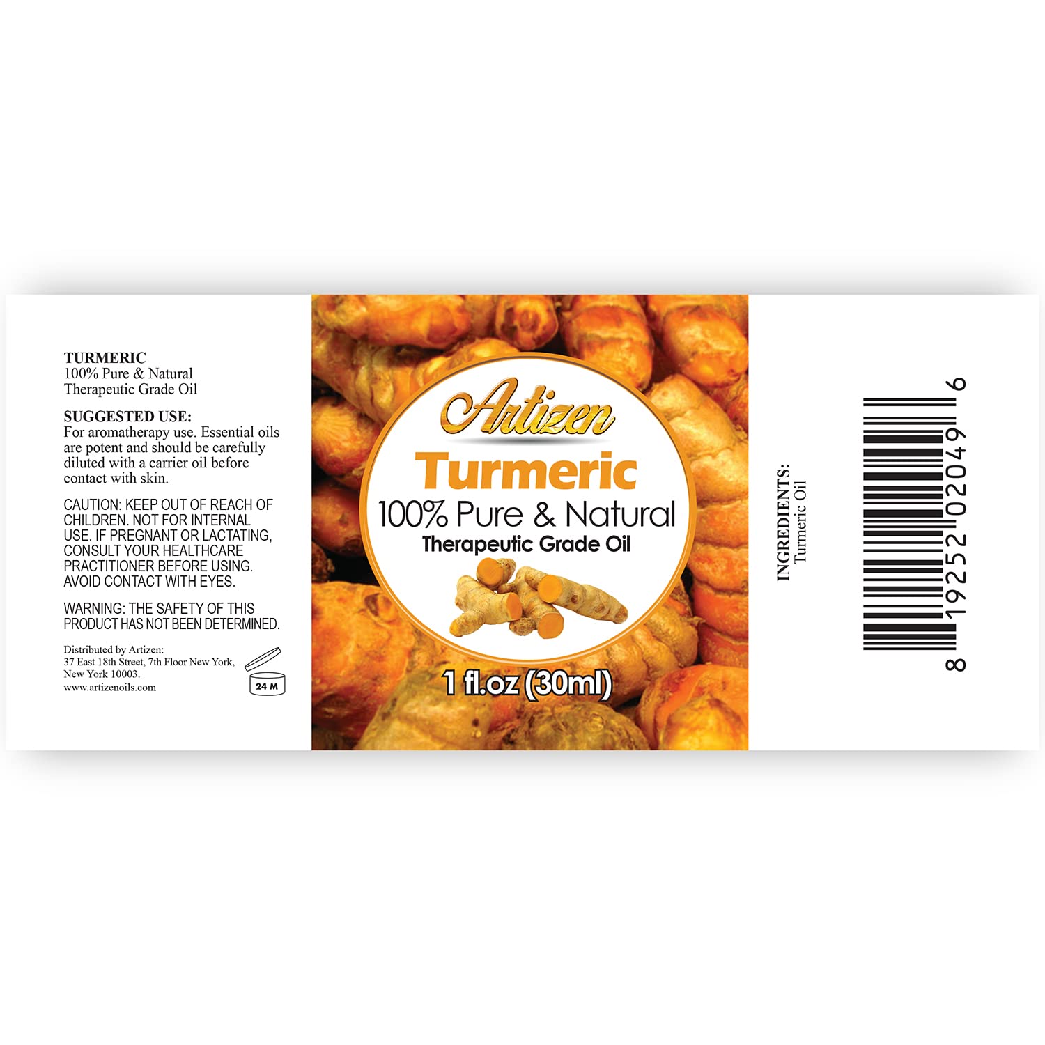 Close-up of Artizen turmeric essential oil label