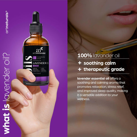Front label of artnaturals Lavender Essential Oil bottle
