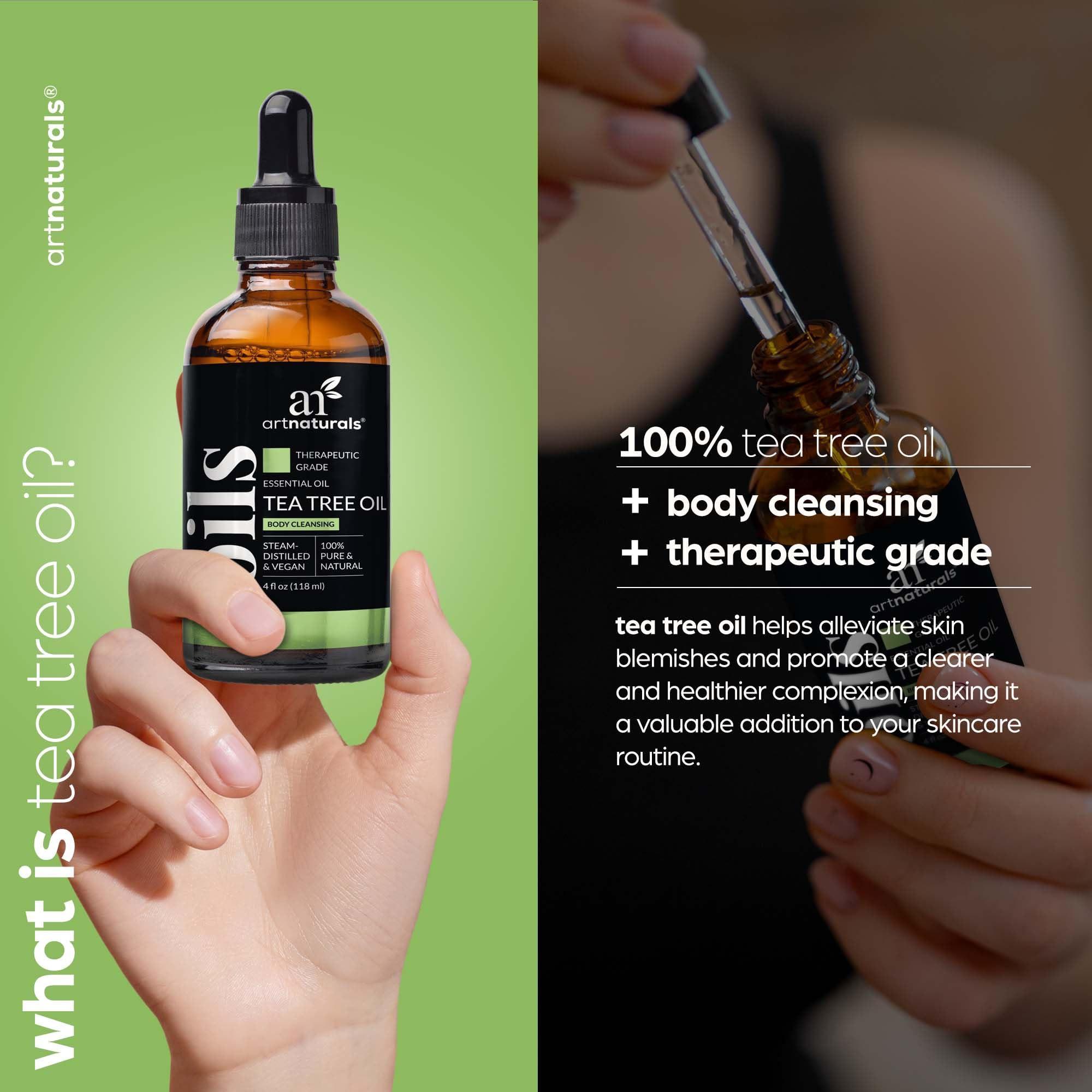 Close-up of ArtNaturals Tea Tree Oil bottle showing 100% Pure label