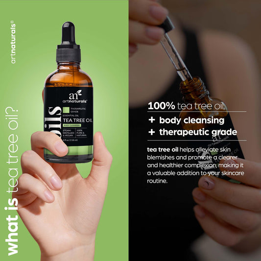 Close-up of ArtNaturals Tea Tree Oil bottle showing 100% Pure label