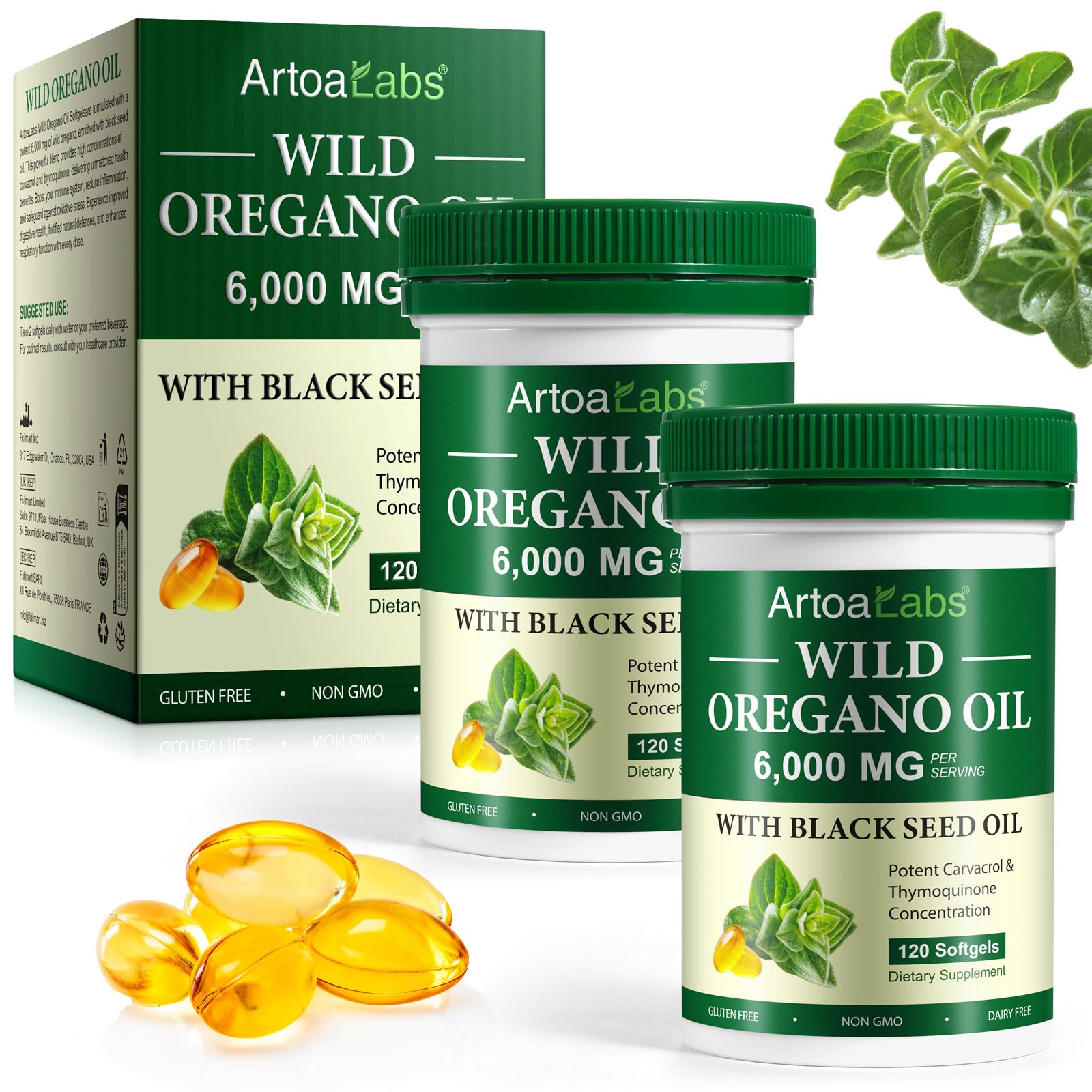 Artoalabs Oil of Oregano Softgels - 2 Pack with Black Seed Oil, 240 Count