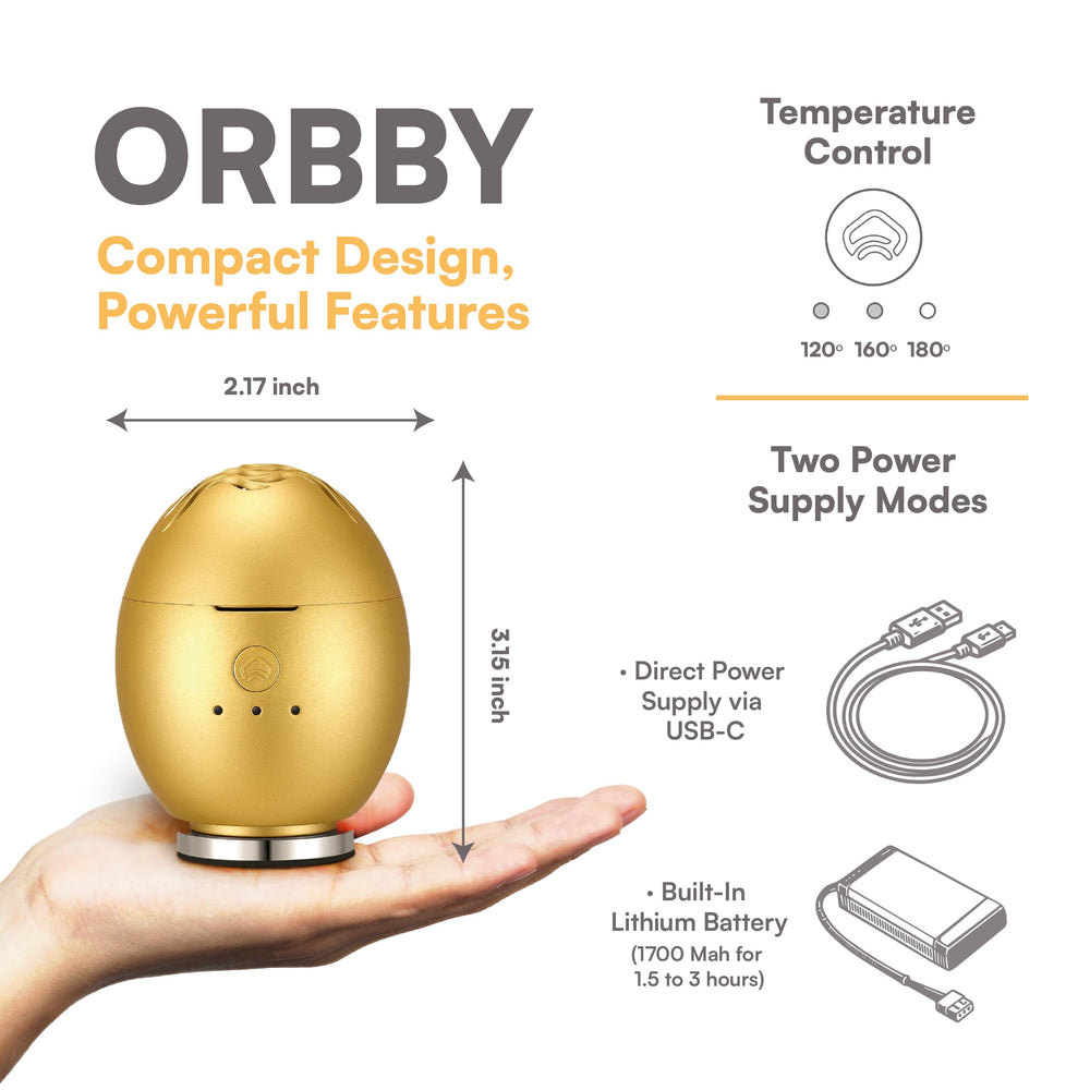 Artronic Orbby gold portable diffuser shown in a car holder for travel aroma.