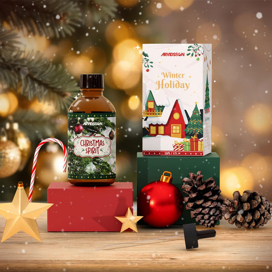 Diffuser-ready Christmas Spirit fragrance oil close-up bottle with cozy holiday decor