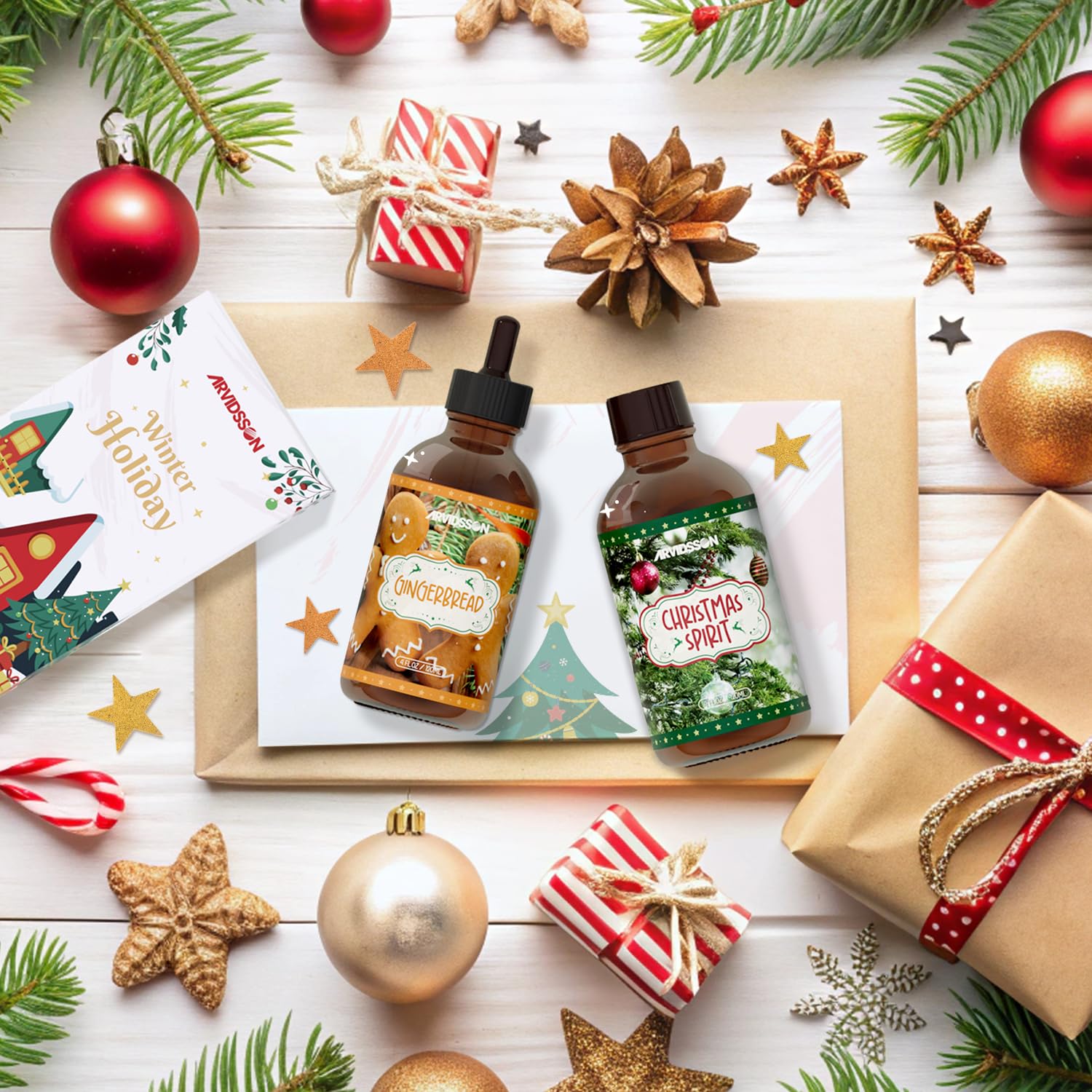 Winter holiday kitchen scene showcasing Christmas Spirit fragrance oil aroma